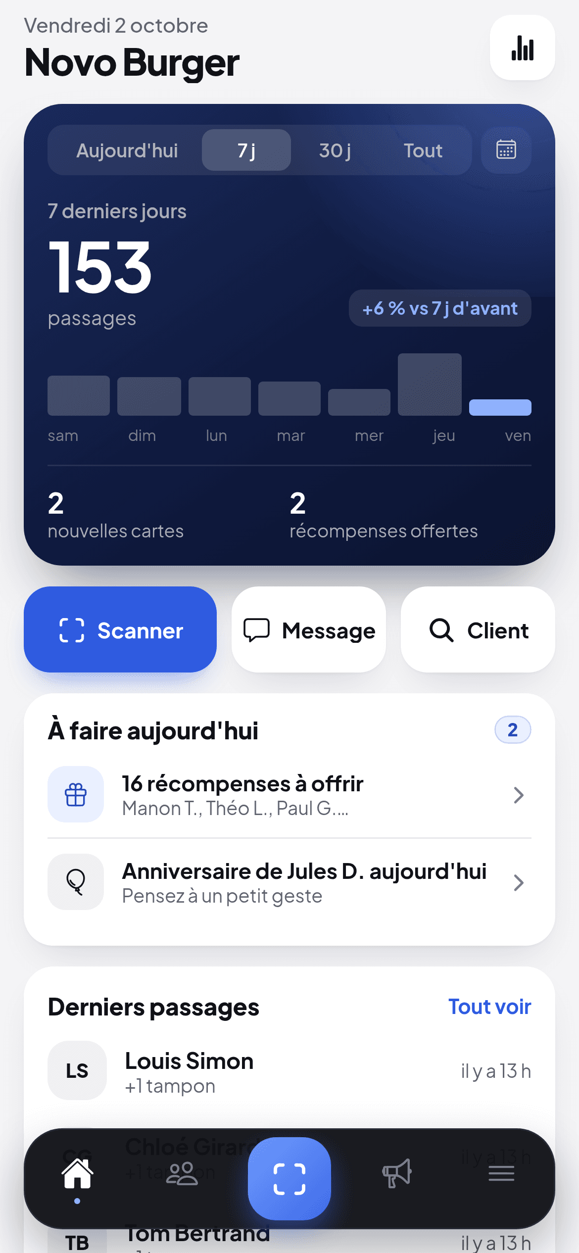 Accueil de l'application Wallio : passages, nouvelles cartes et récompenses
