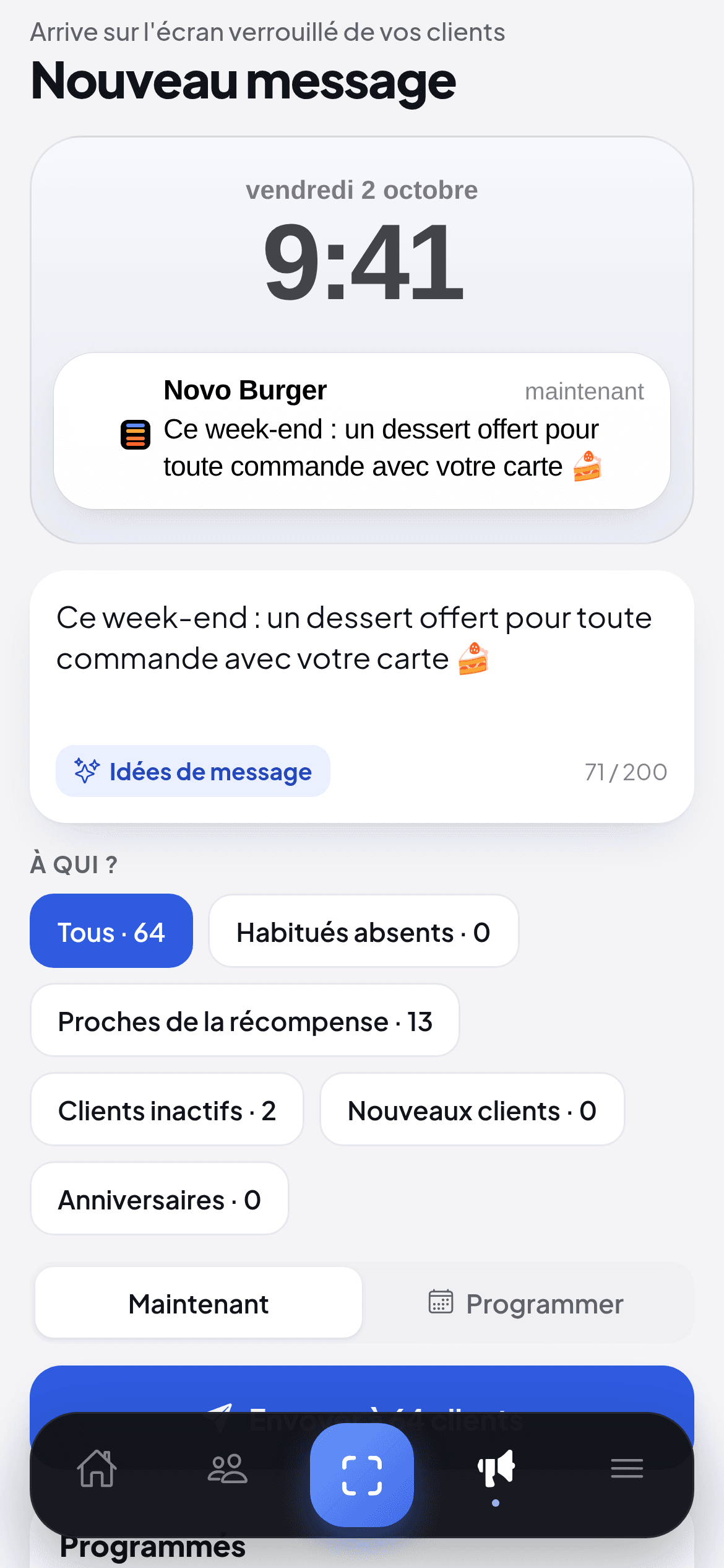 Écran Nouveau message de l'application Wallio, avec l'aperçu sur l'écran verrouillé