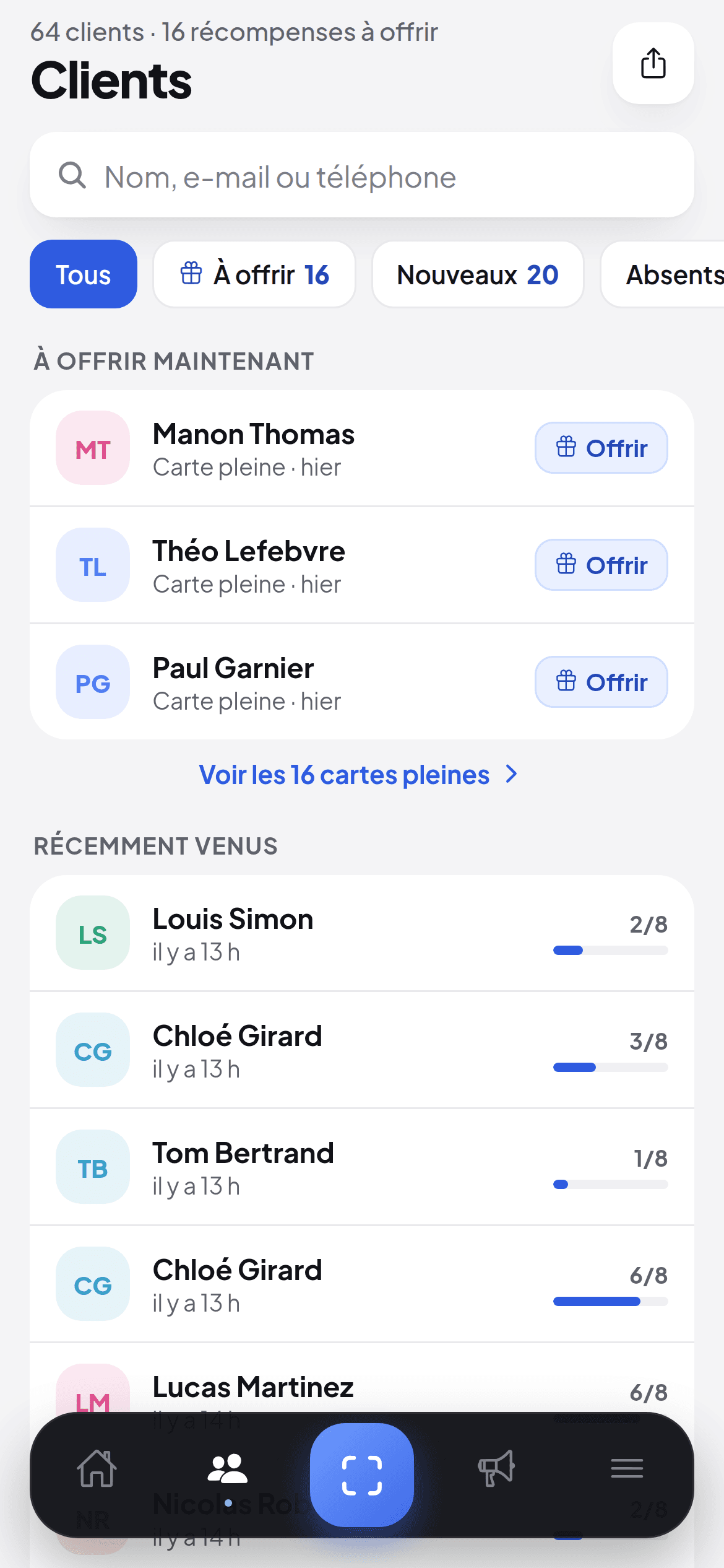 Liste des clients dans l'application Wallio, avec les filtres