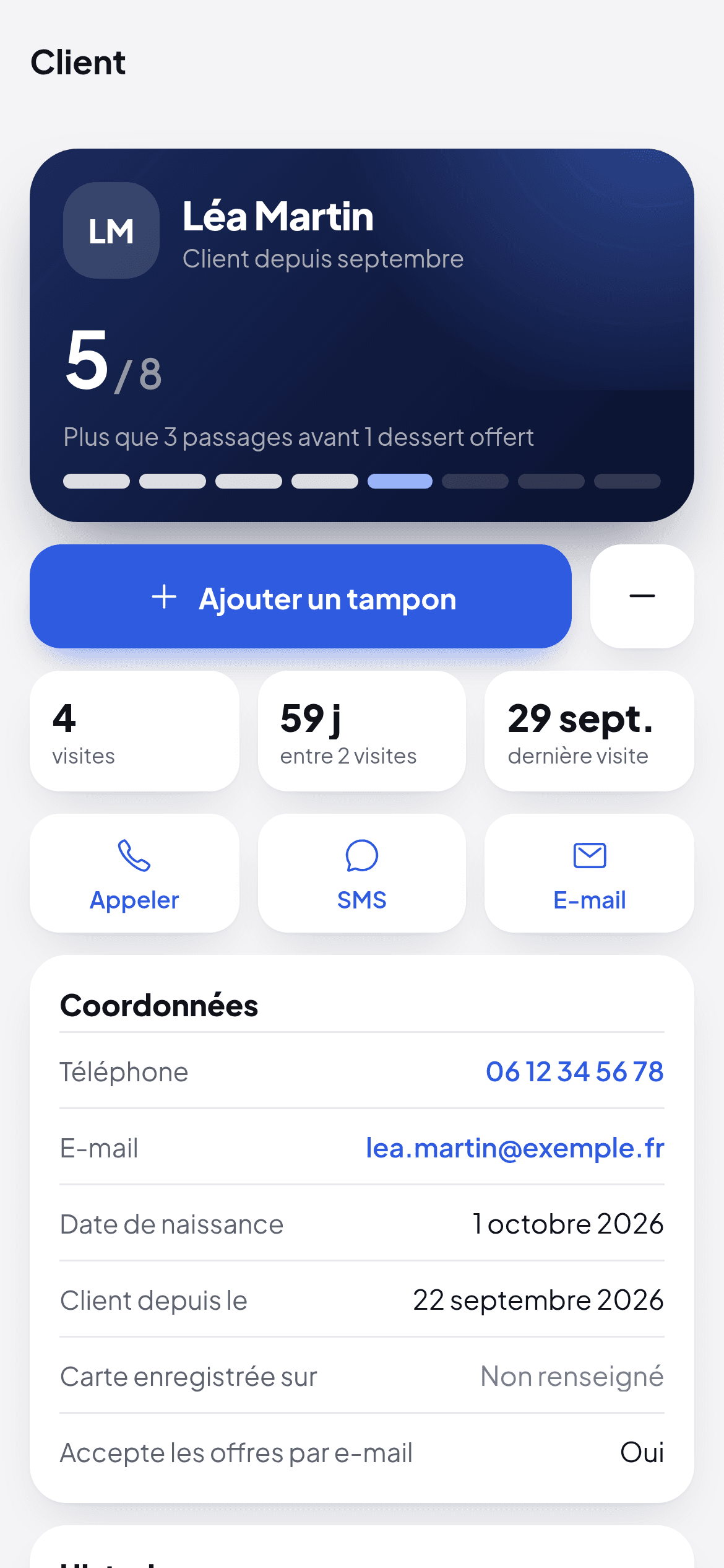 Fiche d'un client dans l'application Wallio, avec le bouton Ajouter un tampon