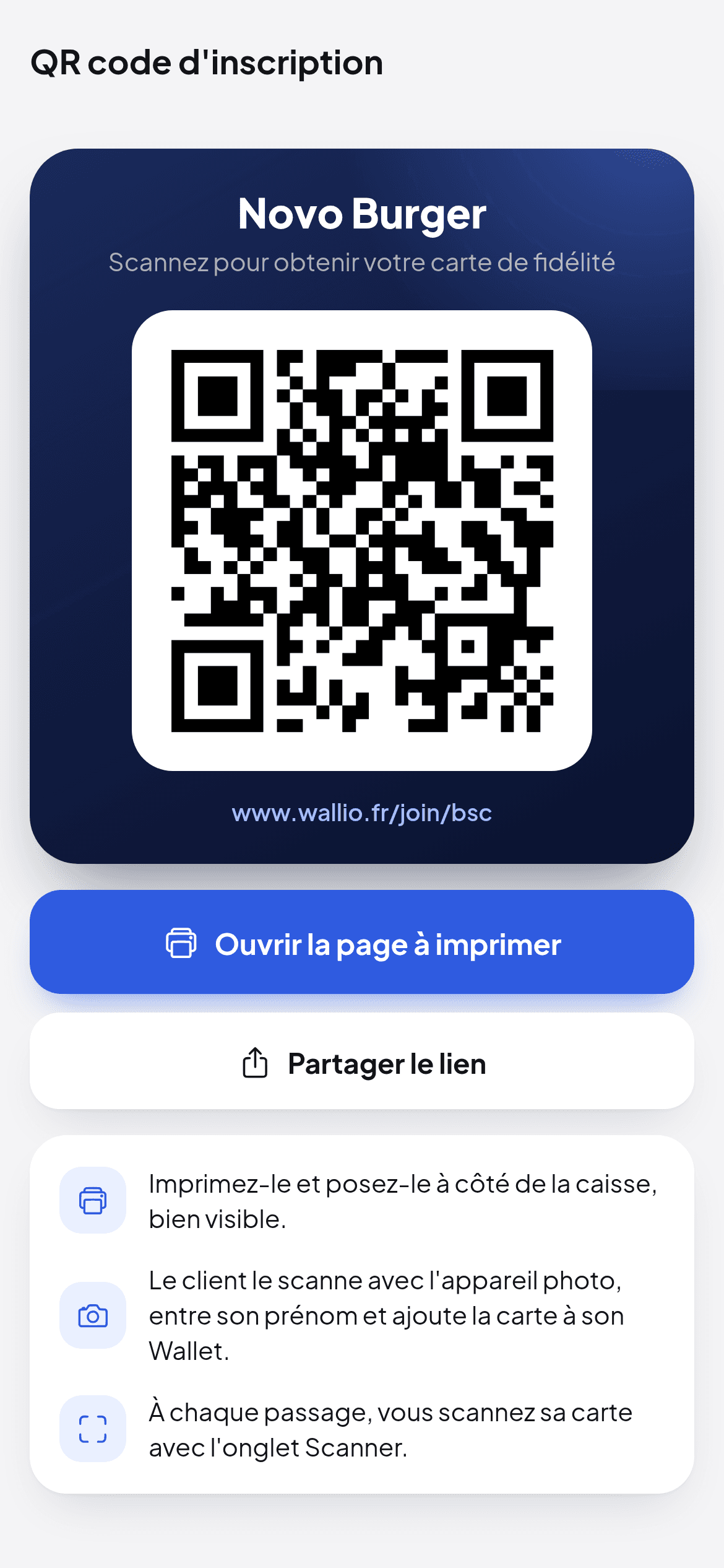 Écran QR code d'inscription de l'application Wallio